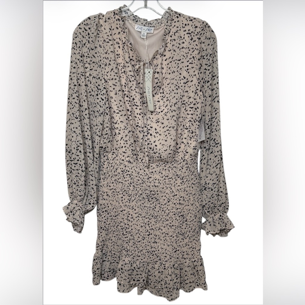 She + Sky Cream and Black Spotted Long Sleeve Ruffled Fully Lined Dress Medium